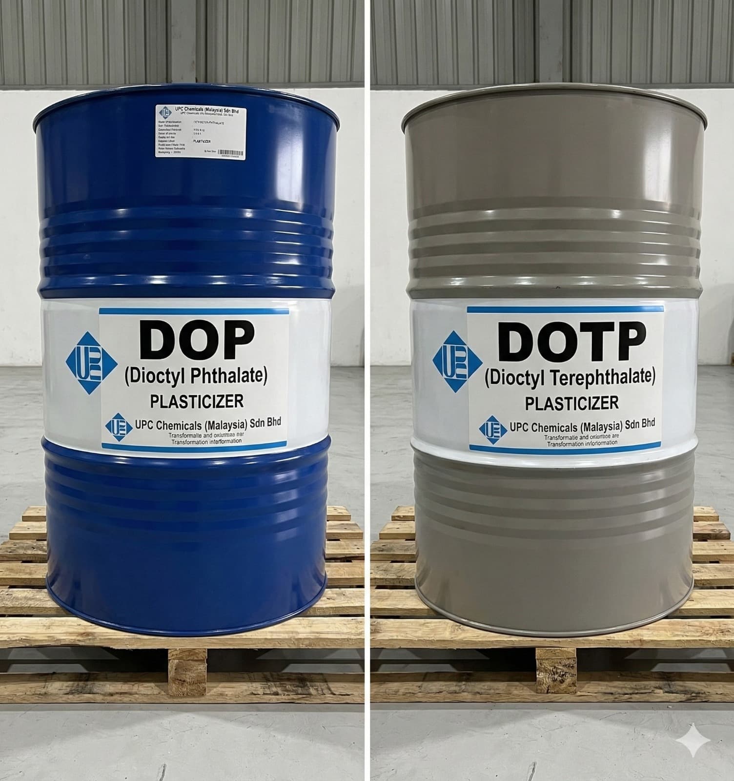 UPC Chemicals DOP and DOTP drums on pallet